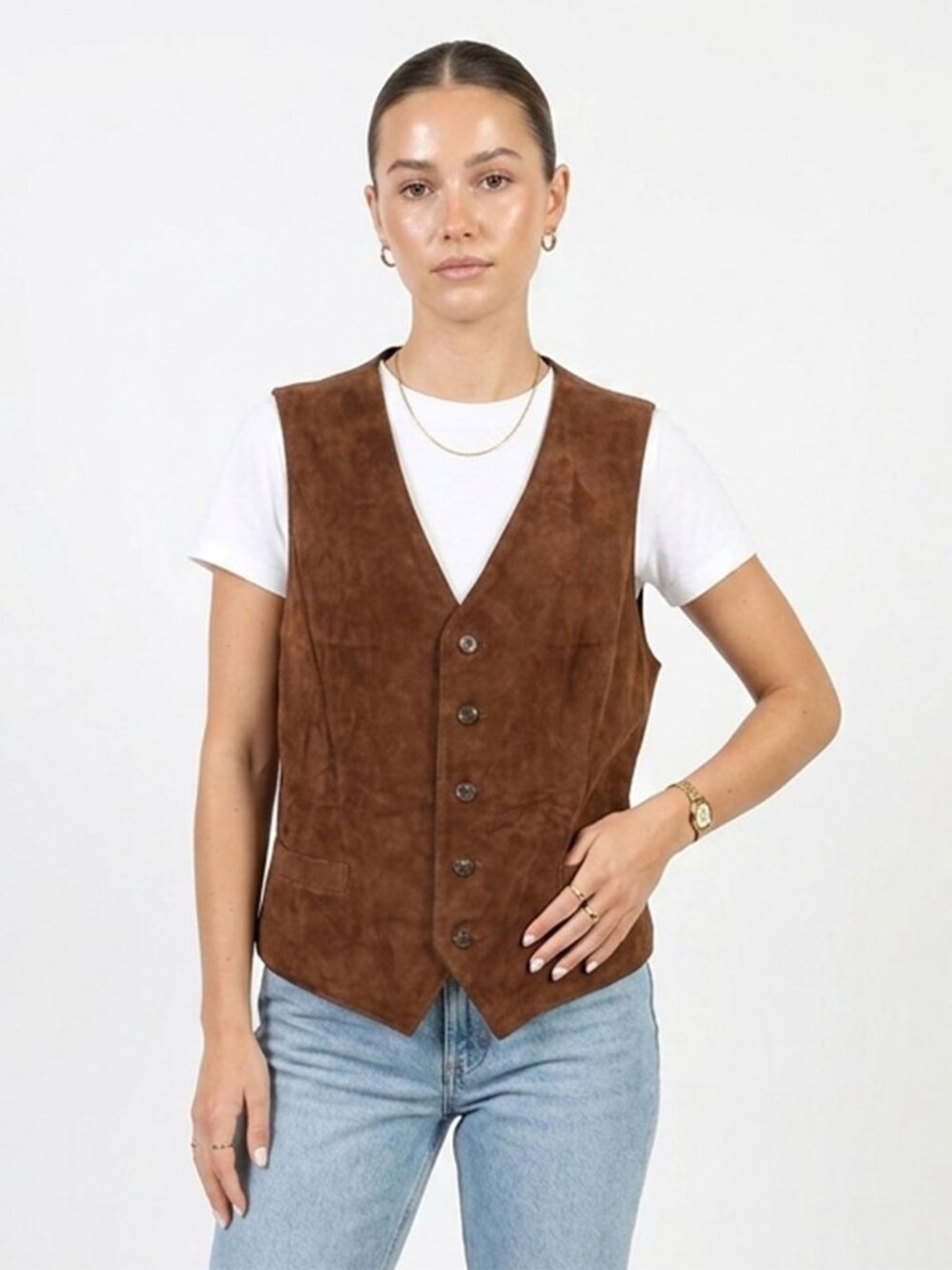 Vintage Holt Renfrew Genuine Goat Suede Leather Vest Brown Unisex Large Boho